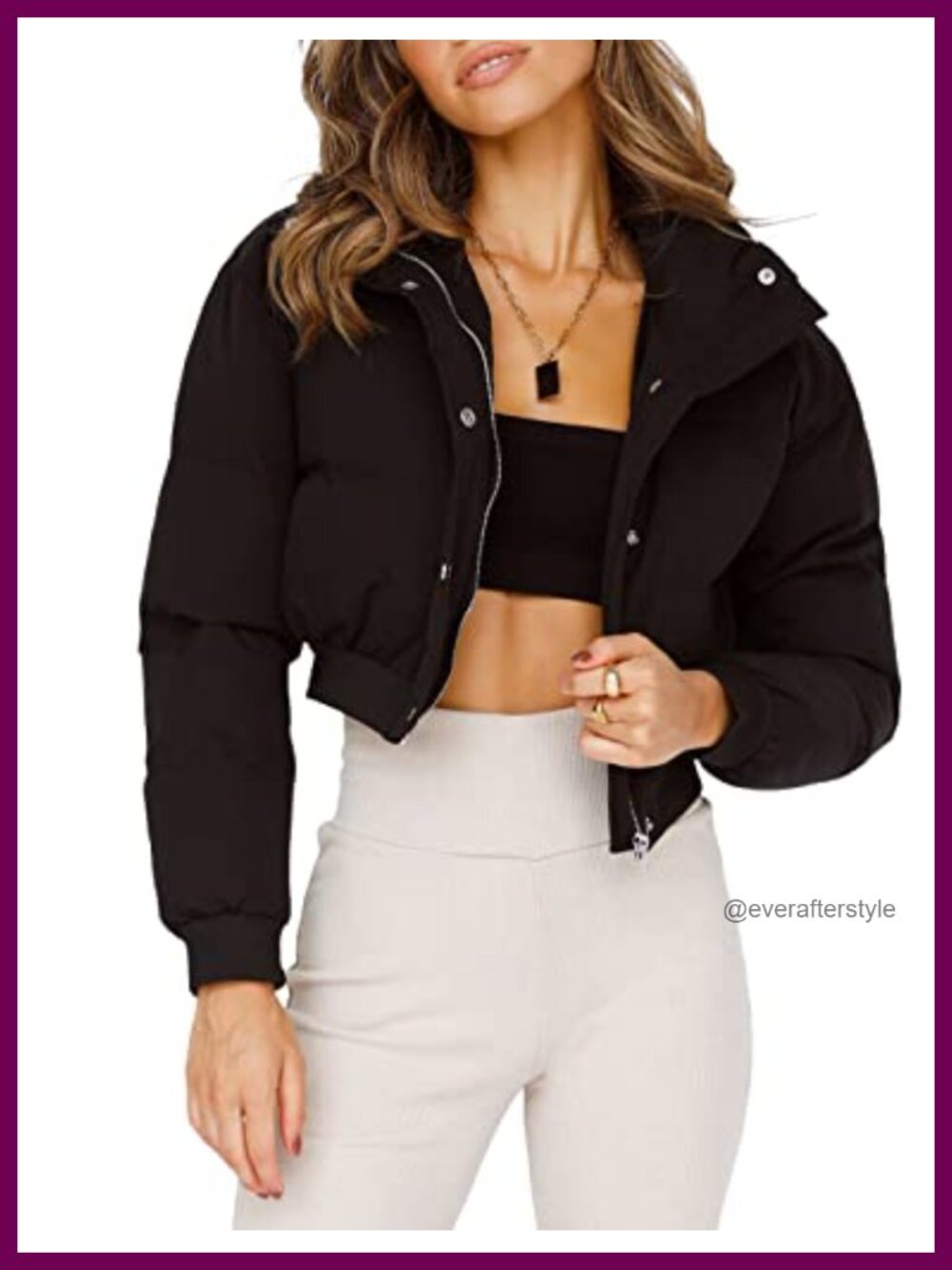Womens Cropped Puffer Jacket Stand Collar Zip Up Winter Padded Coat